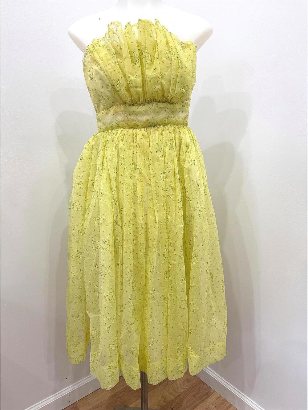 50s Vintage Strapless Yellow Pleated Dress Floral Spring Prom Dress Formal